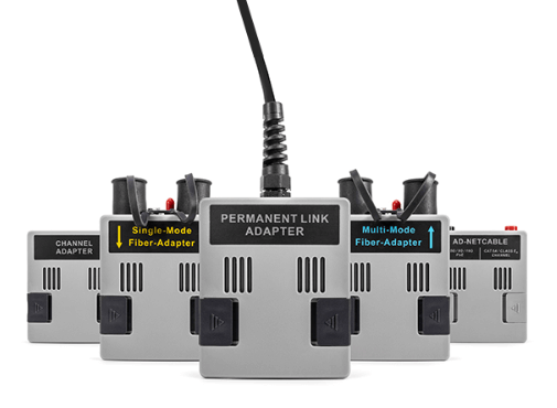 Hot swappable adapters that enable instant change between fiber, copper and network testing